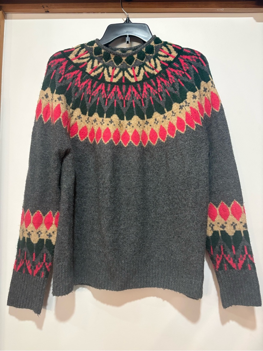 Vince Camuto Gray Fair Isle Turtleneck Sweater with Pink, Green & Cream Yoke
